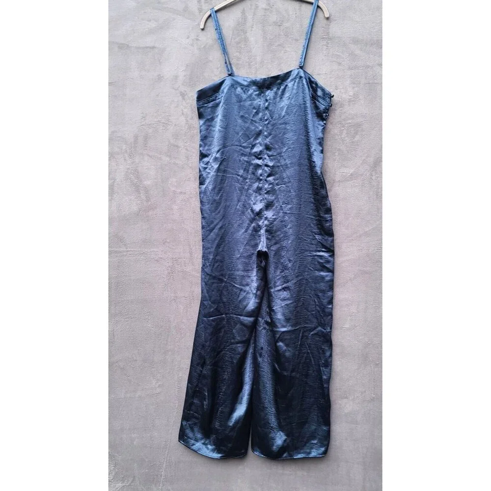 Free People Intimately Oh My Shine Satin Jumpsuit M Navy Blue Side Buttons NWOT - Picture 4 of 10